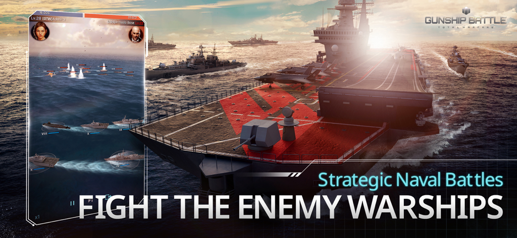 Gunship Battle Total Warfare - A large aircraft carrier and fleet of warships engaging in a strategic naval battle at sunset
