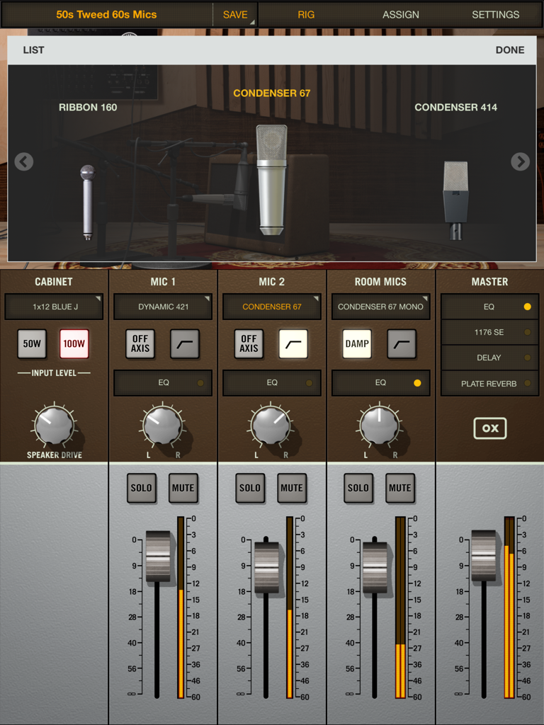 OX | Amp Top Box - Virtual microphone selection and mixer interface in the Universal Audio OX app for recording guitar amplifiers