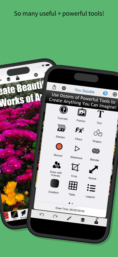 Schermate dello smartphone che mostrano l'interfaccia dell'app You Doodle Pro con vari strumenti di modifica come testo, cornici, filtri e timbri.