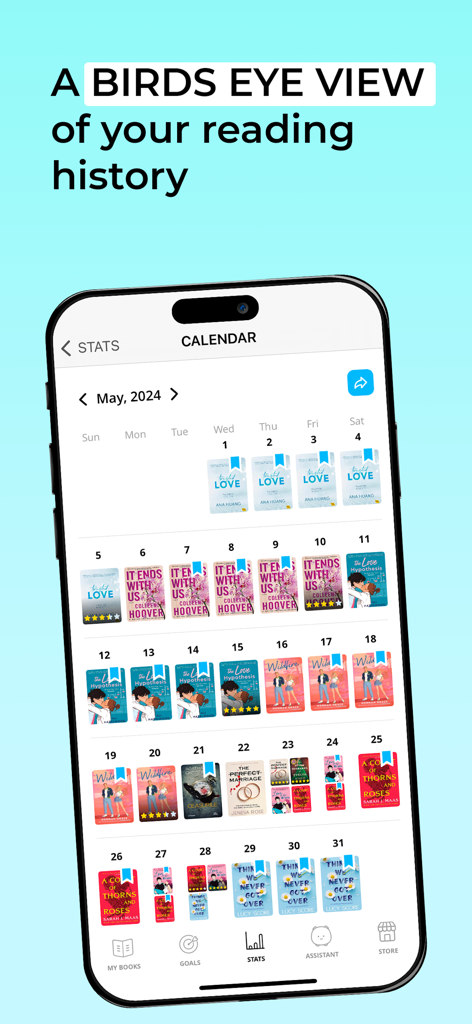 A smartphone showing the Bookly app calendar view with book covers displayed on each day read throughout the month.