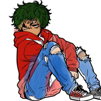 a male hoddie ripped jeans messy hair anime