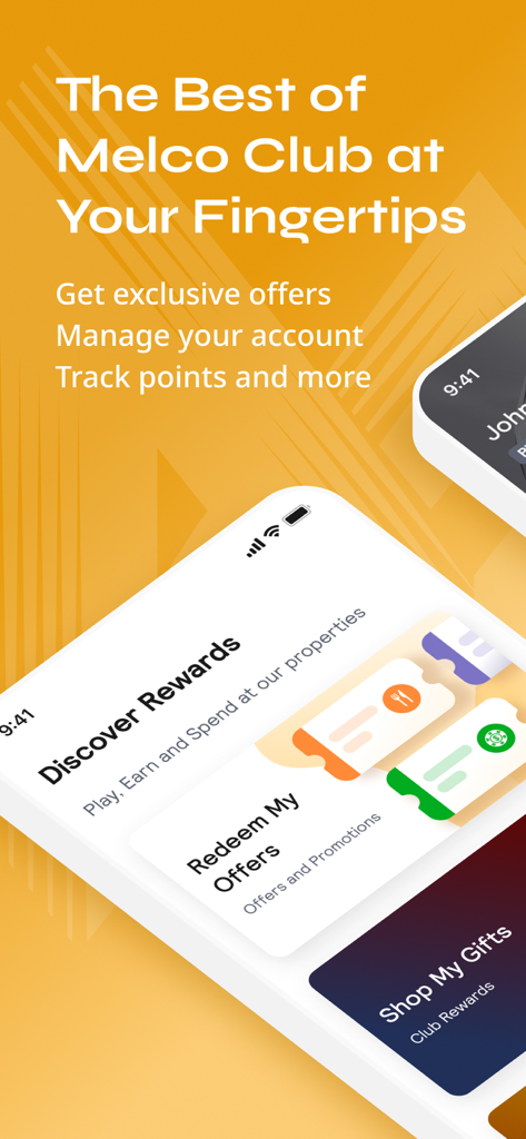 Melco Club - メルコクラブアプリのプロモーション画面。ゴールドの背景に、特典の発見とオファーの引き換え機能が強調されています。