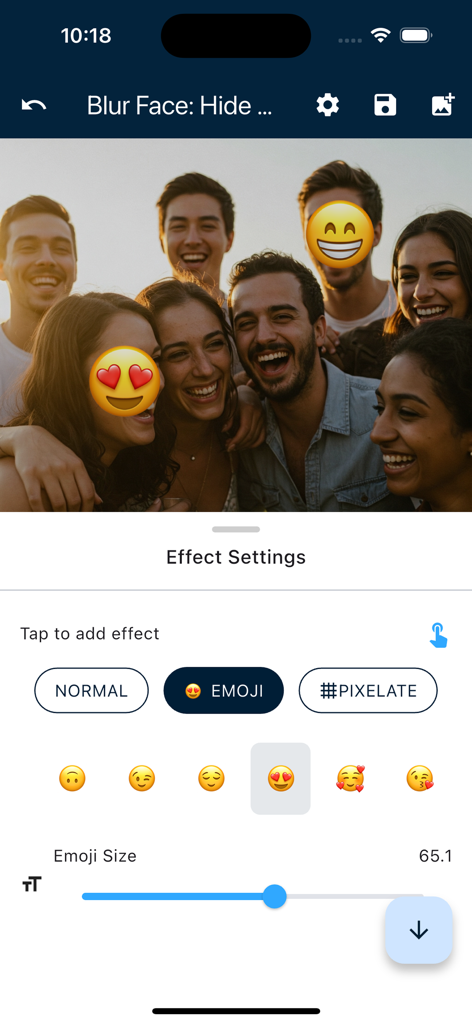 Blur Face Editor app showing emojis being used to cover faces in a group photo for privacy