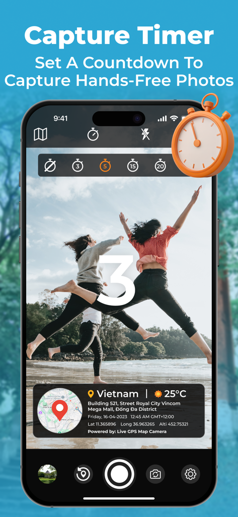 Geotag Photos: GPS Map Camera - Geotag Photos app interface showing a capture timer for hands free photography with GPS coordinates