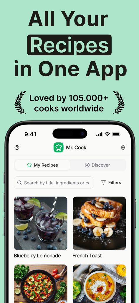 Recipe Keeper - Mr. Cook - Interface of the Mr. Cook app showing a digital cookbook with recipe cards for blueberry lemonade and french toast