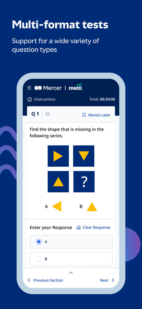 A mobile interface for Mercer Mettl showing a logical reasoning test question with shape patterns and multiple-choice options.