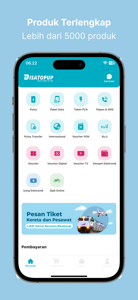 Bisatopup | Agen PPOB Termurah - Bisatopup mobile app home screen featuring digital payment icons for credit, data packages, and electricity tokens