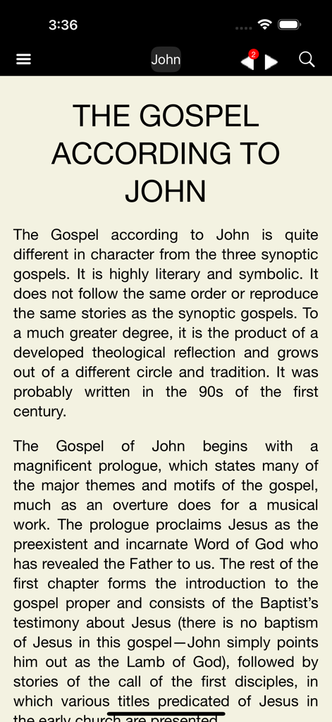 Ein Screenshot der katholischen Neuen Amerikanischen Bibel RE App, der den Einführungstext für das Evangelium nach Johannes zeigt.