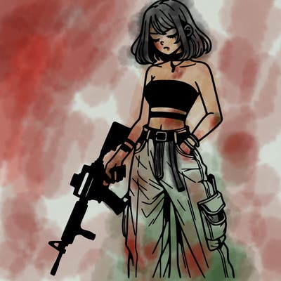 a dangerous girlcrop top and baggy jeans with a rifle in her hand