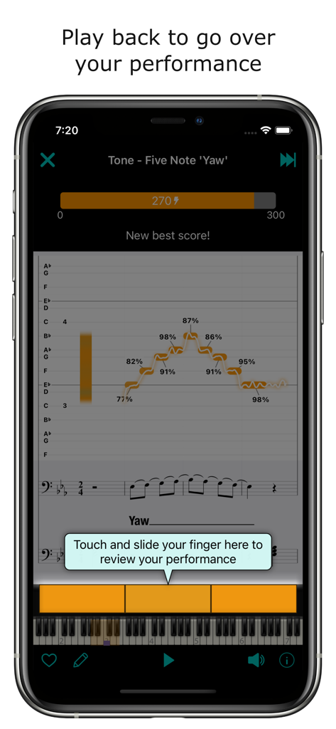 Tela de um celular mostrando feedback de rastreamento de afinação vocal com porcentagens de precisão e uma pontuação para um exercício de canto.