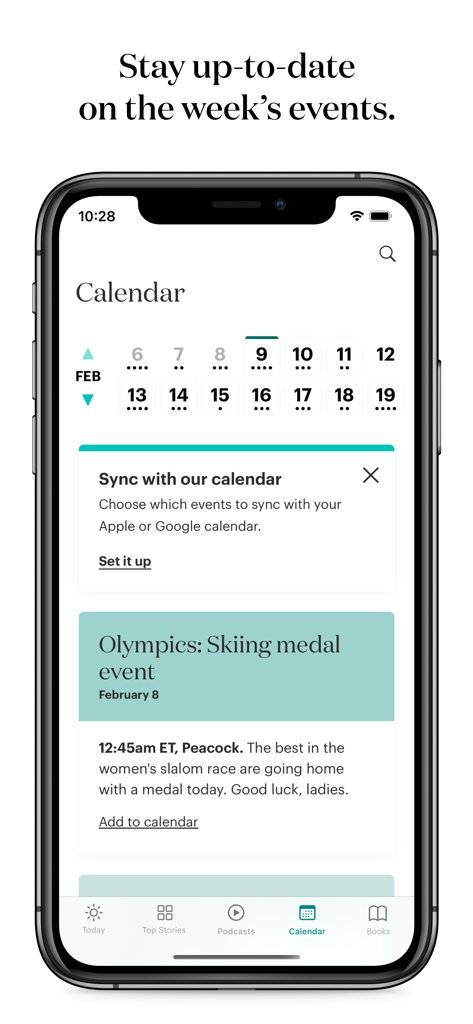 theSkimm - Screenshot of theSkimm app calendar feature showing upcoming news events and an option to sync with personal calendars.