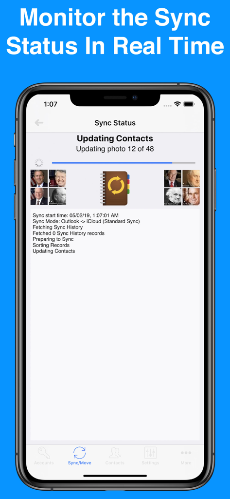 Contacts Mover - Contacts Mover app screen showing real time sync status and progress log of contacts moving from Outlook to iCloud