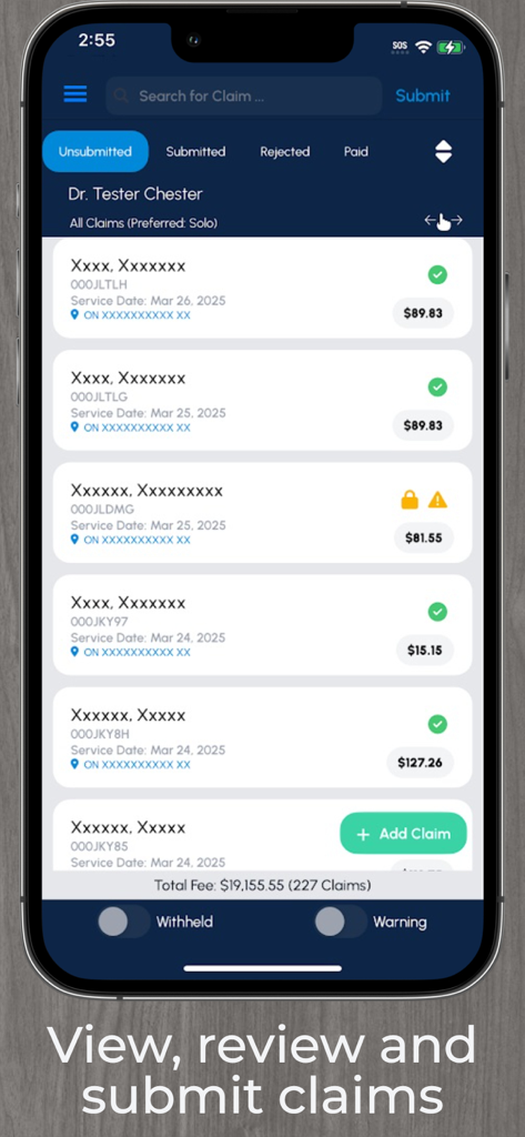 CabMD - CabMD mobile app interface displaying a list of unsubmitted medical billing claims for an Ontario doctor.