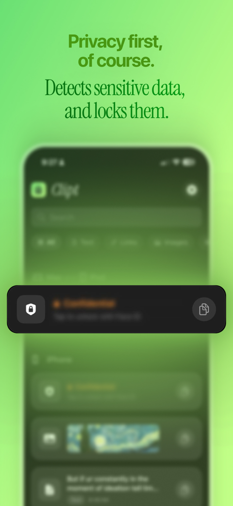 Clipt - Clipboard History - Interfaccia dell'app Clipt che mostra una funzione di privacy che rileva e blocca informazioni sensibili negli appunti.