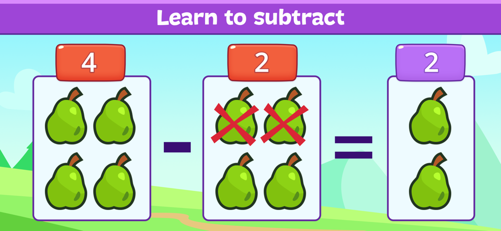 Kindersubtraktionsspieloberfläche, die 4 minus 2 gleich 2 mit grünen Birnen zeigt