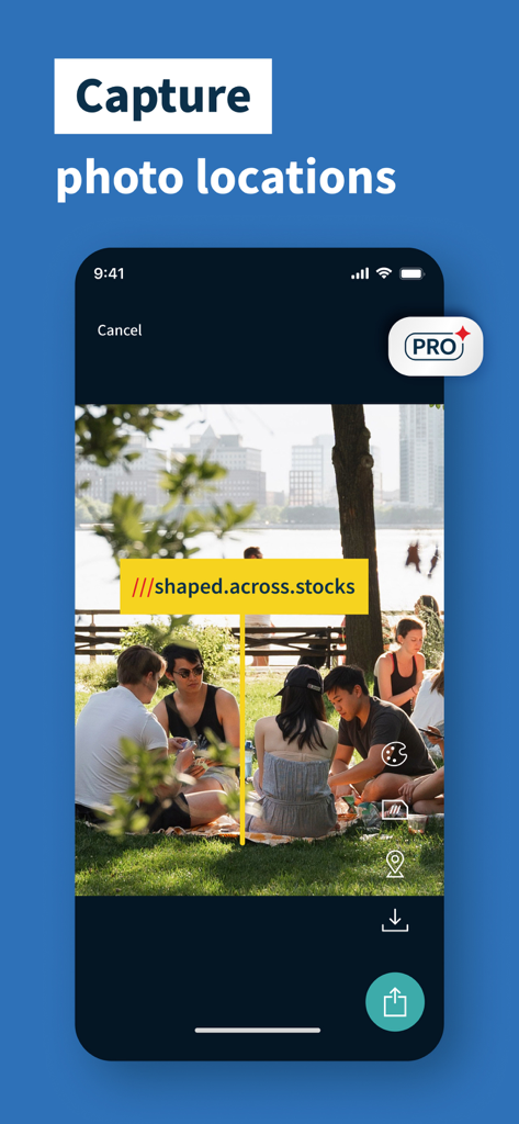 what3words app interface showing a three-word location address overlaid on a park photo