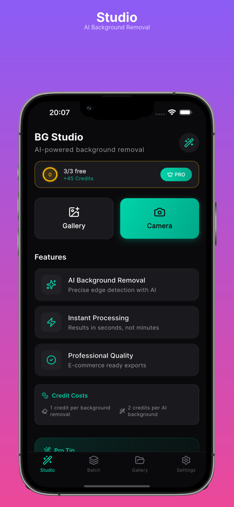 Backdrop AI - Interfaz de la aplicación Backdrop AI que muestra el estudio de eliminación de fondos con opciones de cámara y galería
