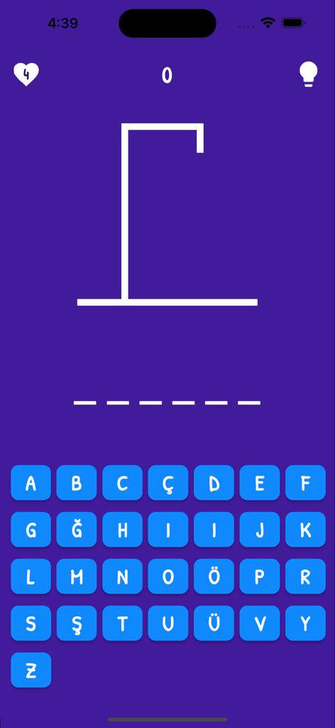 Adam Asmaca - TR - Gameplay screen of the Turkish hangman word game showing a purple background with a gallows and a blue letter keyboard.