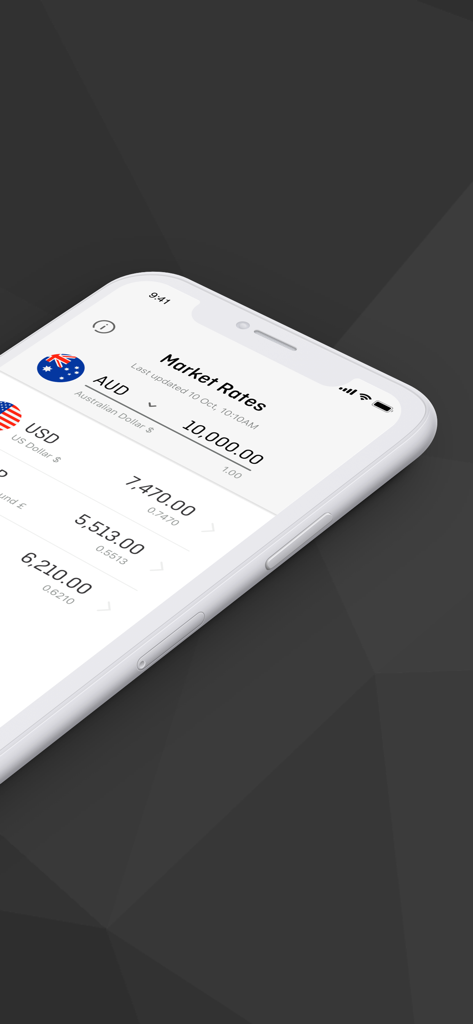 OFX Money Transfer - OFX mobile app screen displaying live currency exchange rates for global markets.