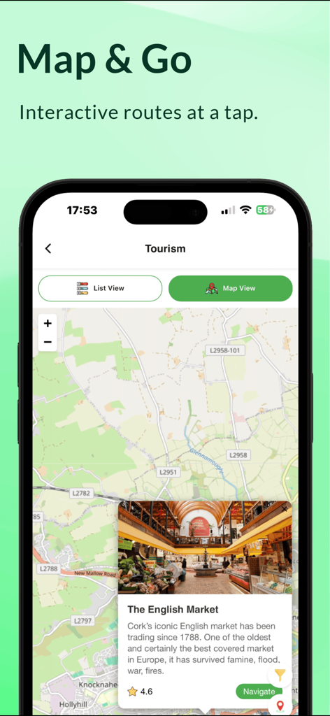 Un smartphone mostrando la aplicación Infofinder Ireland con una vista de mapa de atracciones turísticas en Cork, incluido el English Market