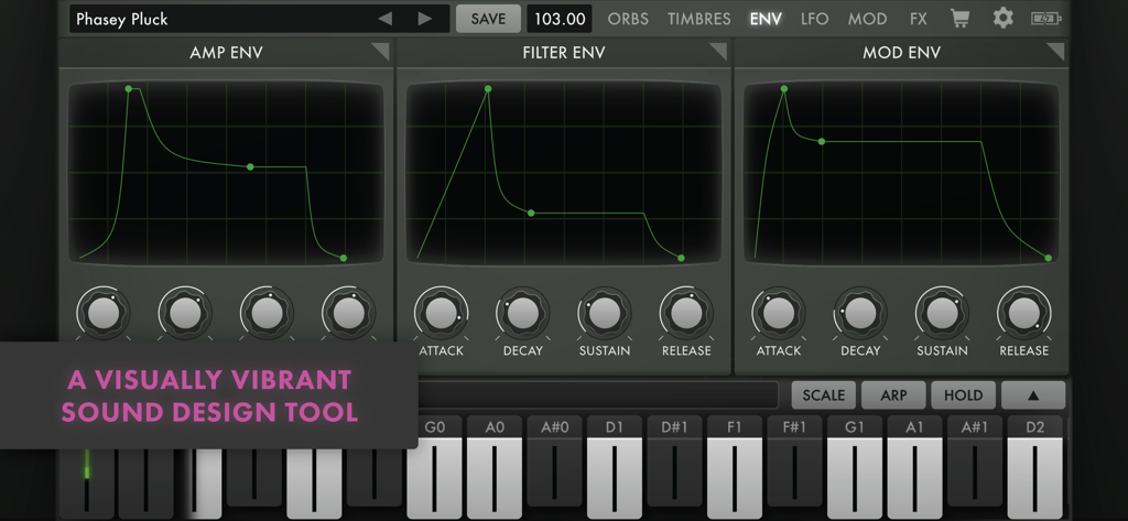 Interface of Animoog Z Synthesizer app showing visual controls for amplitude filter and modulation envelopes