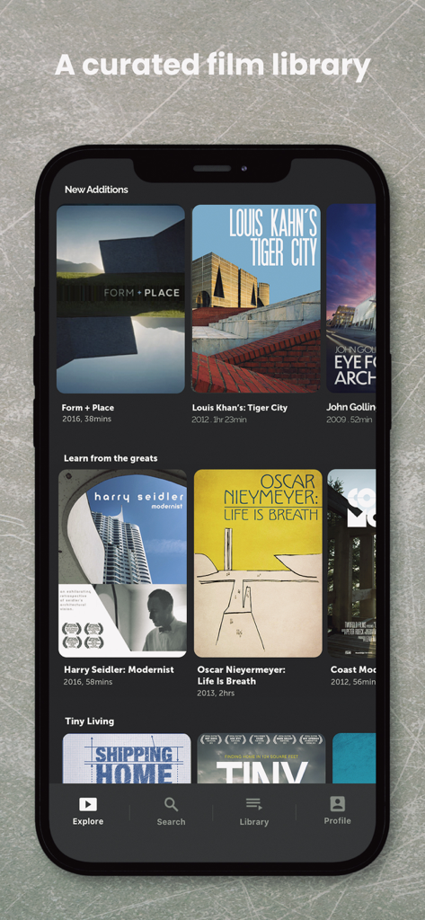 Interfaz de la aplicación Shelter que muestra una biblioteca curada de documentales de arquitectura y diseño, incluyendo películas sobre Harry Seidler y Oscar Niemeyer
