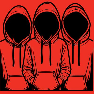 3 faceless people in  hoodies