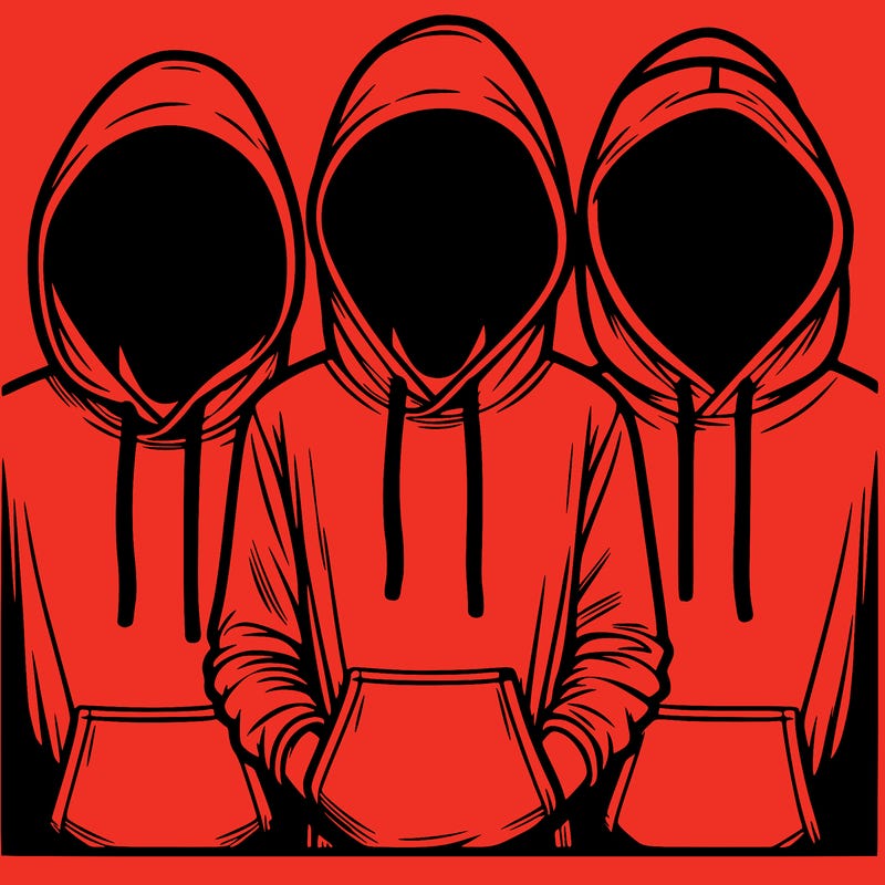 3 faceless people in  hoodies