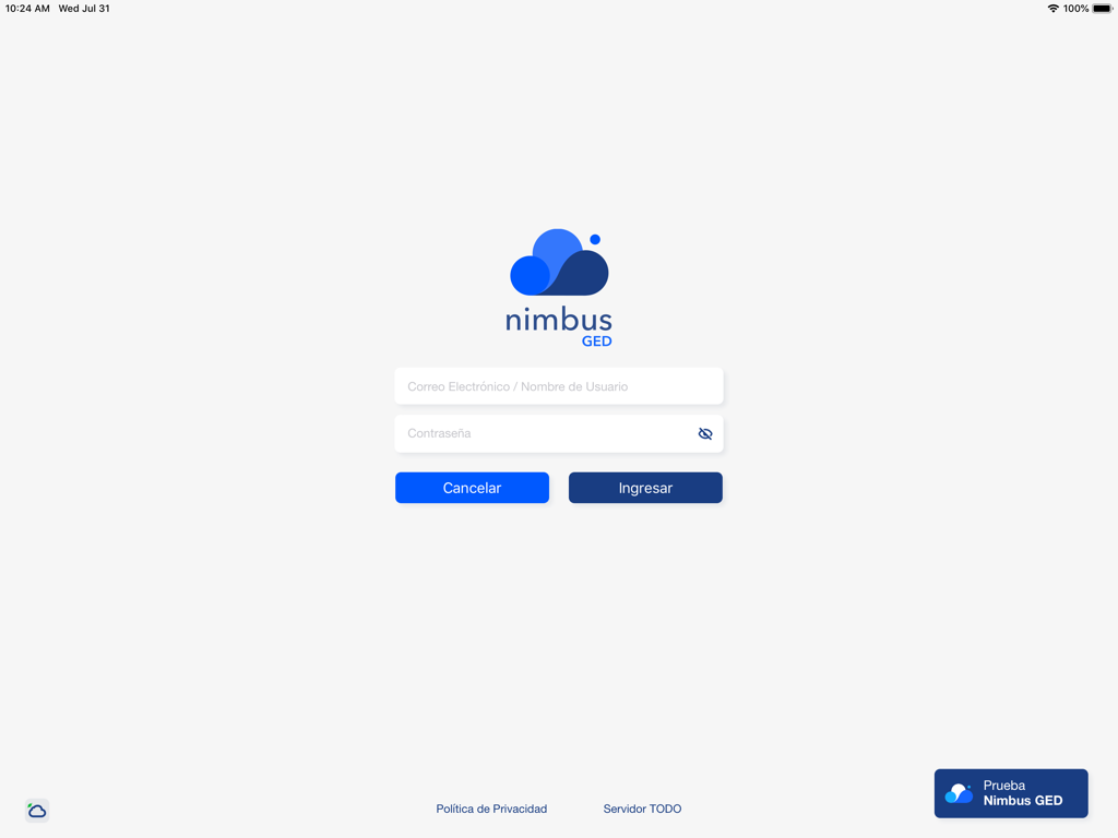 Pantalla de inicio de sesión de la aplicación educativa interactiva Nimbus GED en iPad.