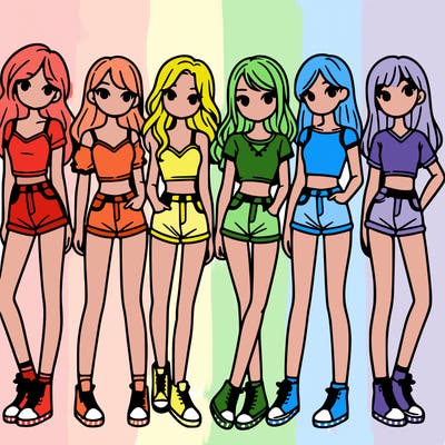 a group of girls wearing crop tops and shorts
