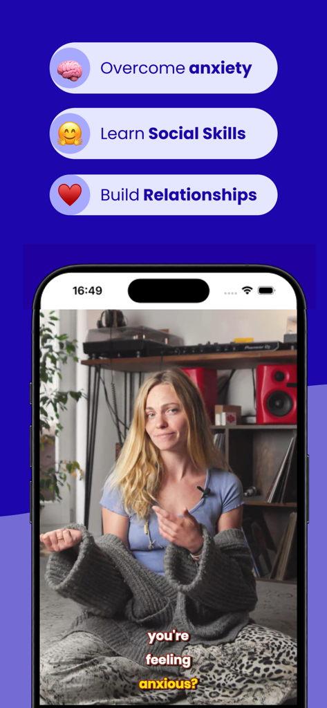 charisme: Social Anxiety Coach - iPhone showing a video lesson in the charisme app with options to overcome anxiety and learn social skills
