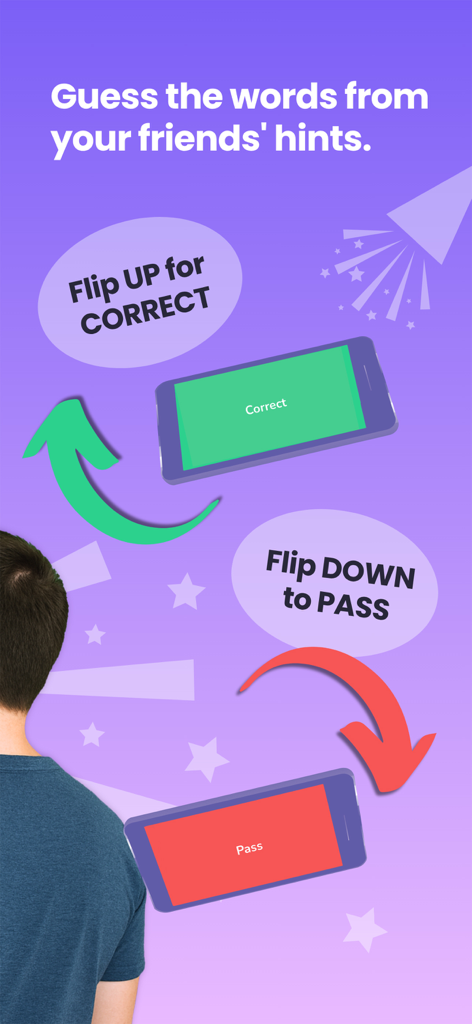Guess It: Charades & Guessing - Graphic showing how to play Guess It by flipping the phone up for correct answers and down to pass.