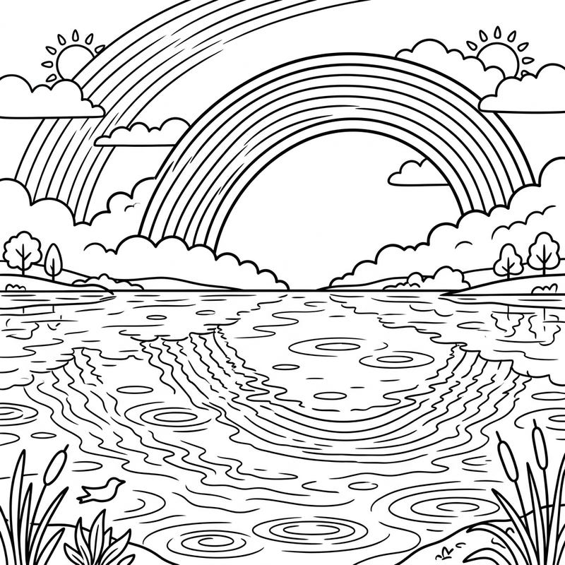 Immerse yourself in the enchanting world of reflection rainbows with this serene coloring page. Capture the ethereal beauty of a double arc spanning a tranquil water scene, ready for your artistic touch.