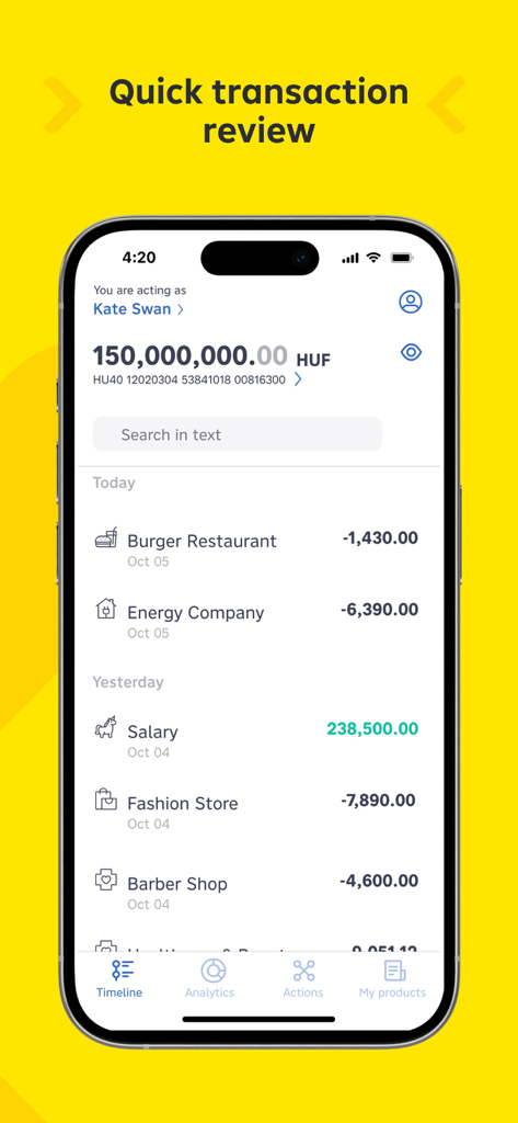 my Raiffeisen - Smartphone screen showing the transaction history timeline in the my Raiffeisen banking app