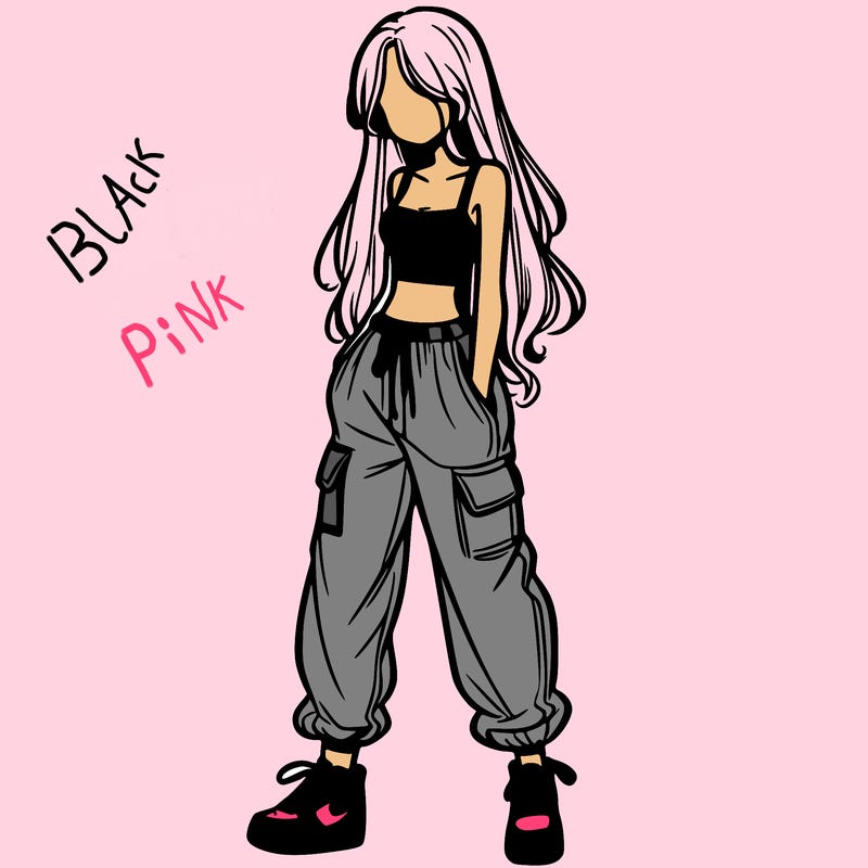 girl in baggy pants crop top and long hair