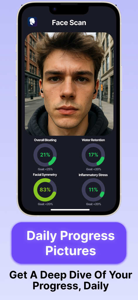 Depuff AI app face scan screen showing facial bloating and symmetry metrics