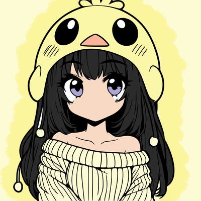 anime girl with chick shaped hat with sweater with bare shoulders with bangs covering them one eye with low tail