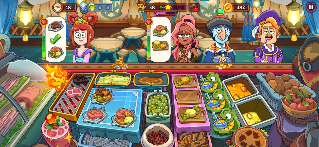 Gameplay screenshot of Potion Punch 2 showing a fantasy steak house with characters waiting to be served.