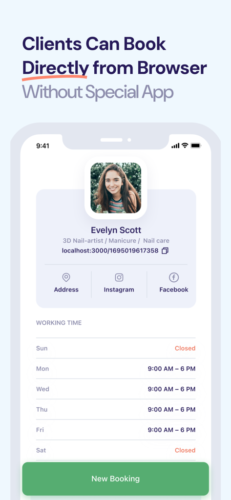 Sammy: Beauty Booking - Visualização móvel do perfil de um profissional de beleza mostrando link direto de agendamento no navegador e horário de funcionamento semanal