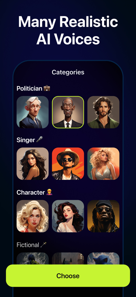 Interfaz de Yapper AI Voice Changer que muestra categorías de voces realistas como político cantante y personaje