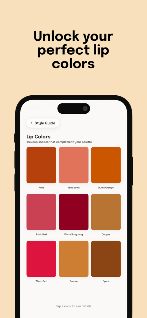 Palette - Color Analysis - Guía de estilo de la aplicación Palette que muestra recomendaciones personalizadas de color de labios en formato de cuadrícula