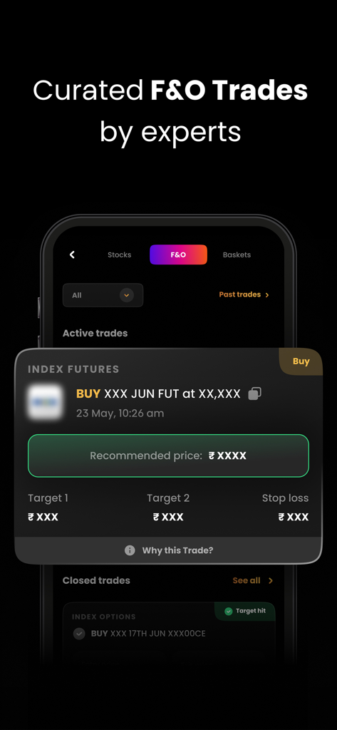 Liquide- Stocks & Mutual Funds - Mobile app interface showing curated futures and options trade recommendations with target and stop loss levels