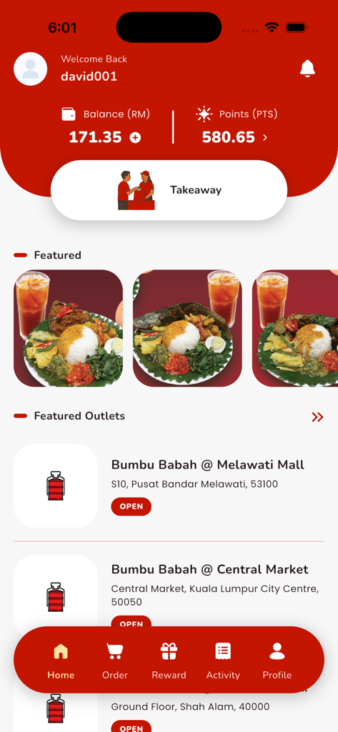 Bumbu Babah app dashboard showing user rewards points balance featured Indonesian meals and restaurant outlet locations