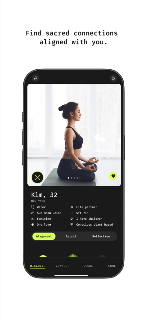 Sacrena - Sacrena app user profile interface showing spiritual compatibility traits and a woman meditating