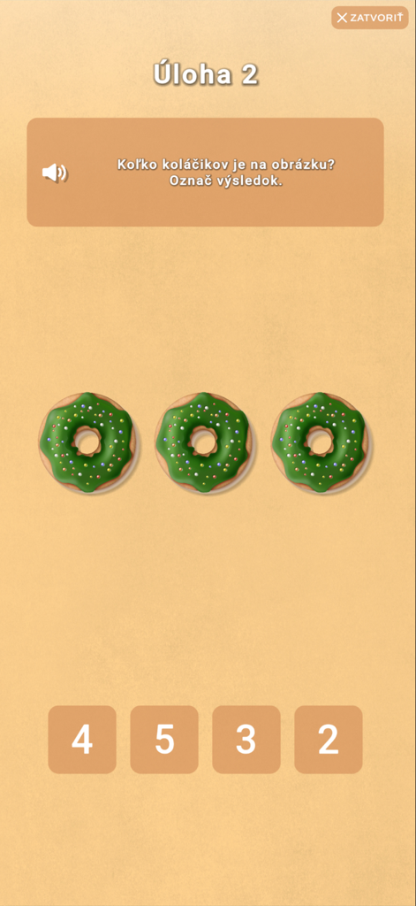 Mind-Fit - Un'attività di screening cognitivo nell'app Mind-Fit che mostra tre ciambelle glassate verdi con una selezione a scelta multipla per il conteggio.