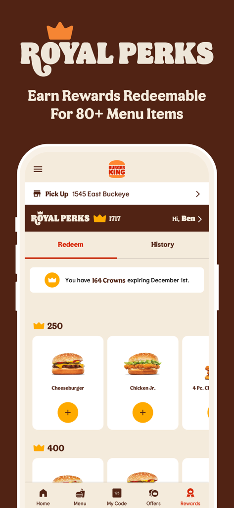 Burger King app Royal Perks interface showing reward points and menu items for redemption