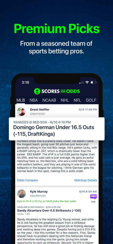 Scores and Odds app screenshot showing premium sports betting picks and expert analysis
