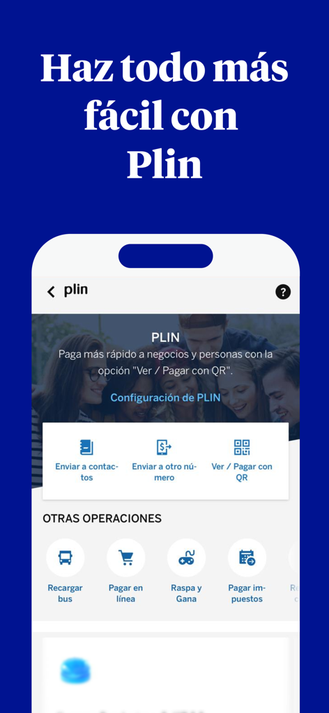 BBVA Perú | Banca Móvil - Écran de l'application mobile BBVA Pérou affichant les options de transfert et de paiement en pesos péruviens