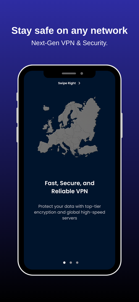 Secybers VPN: Fast & No Logs - Pantalla de incorporación de Secybers VPN destacando servidores globales rápidos y seguros