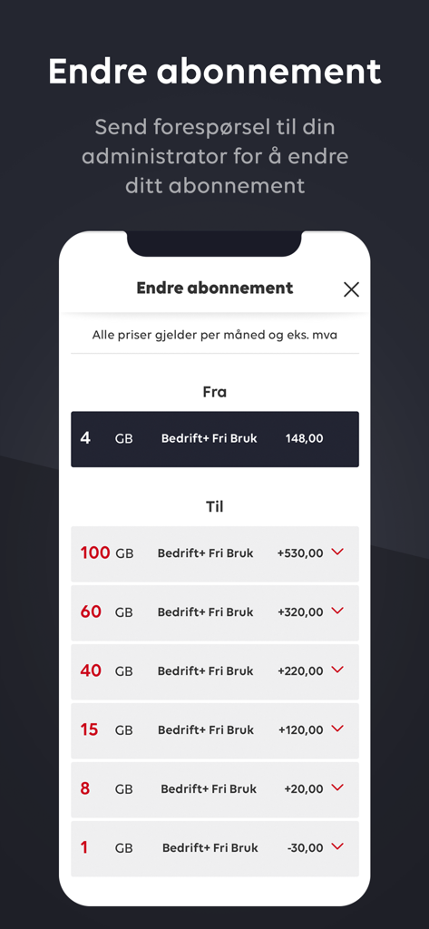 Ditt Phonero mobile app interface showing various data plan subscription options and the request to change plan feature
